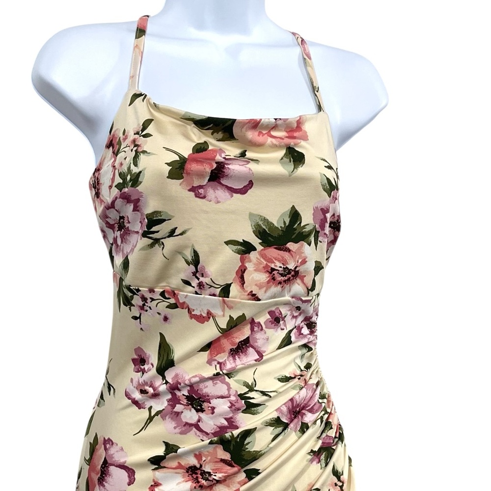 Floral Ruched Maxi Dress in Cream and Pink Flowers - Picture 12 of 12